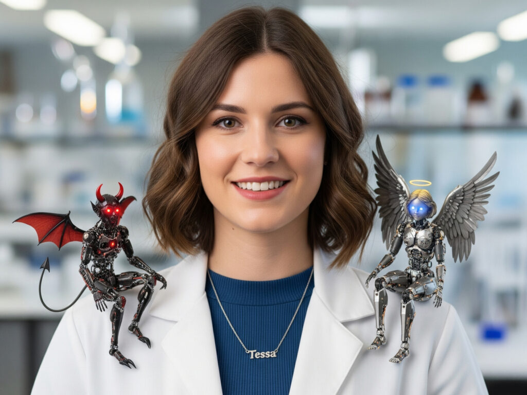 A woman in a white lab coat with a robotic devil on one shoulder and an angel on the other