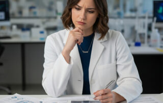 A woman in a lab coat looking over papers on her desk