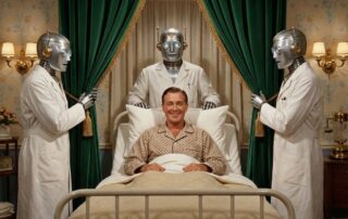 A man circa 1940 in a hospital bed surrounded by three medical robots