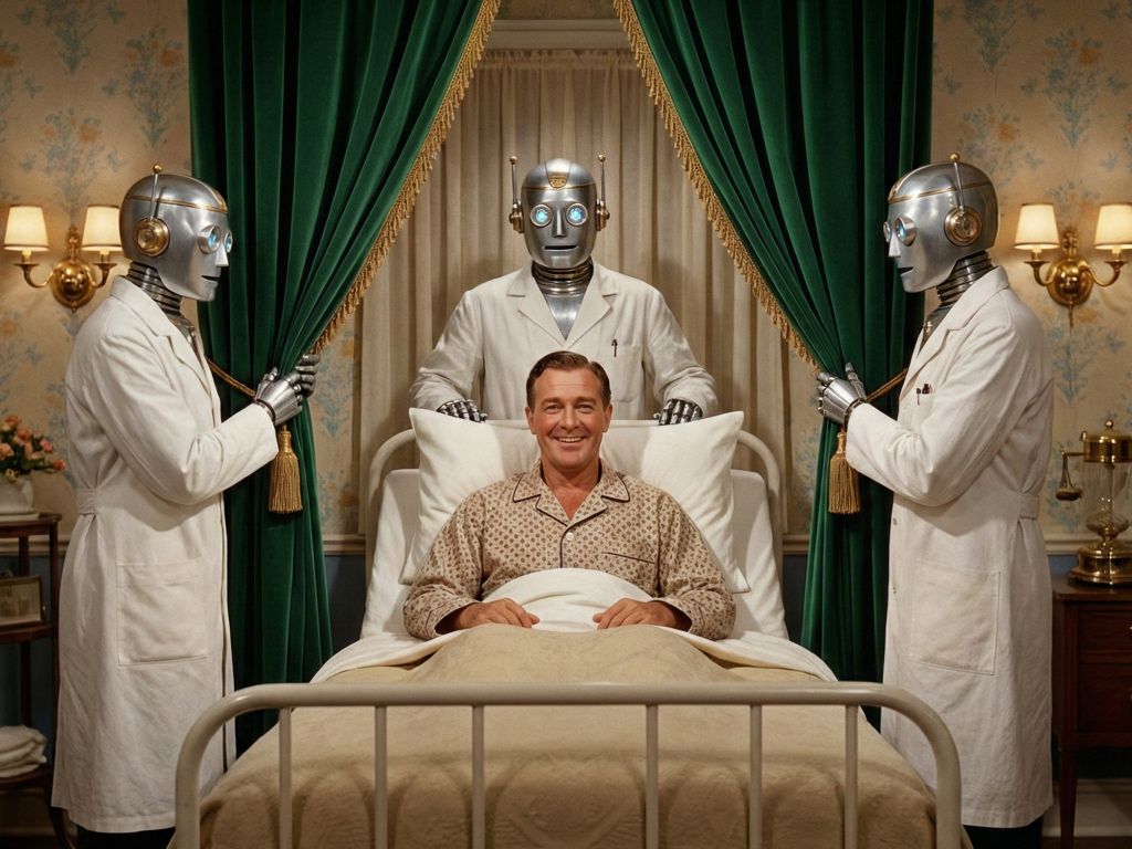 A man circa 1940 in a hospital bed surrounded by three medical robots