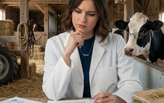 A woman in a white lab coat reading research papers in a barn while a cow looks over her shoulder