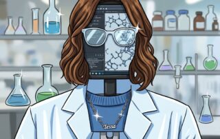 A computer monitor wearing a wig disguised as a woman in a lab coat