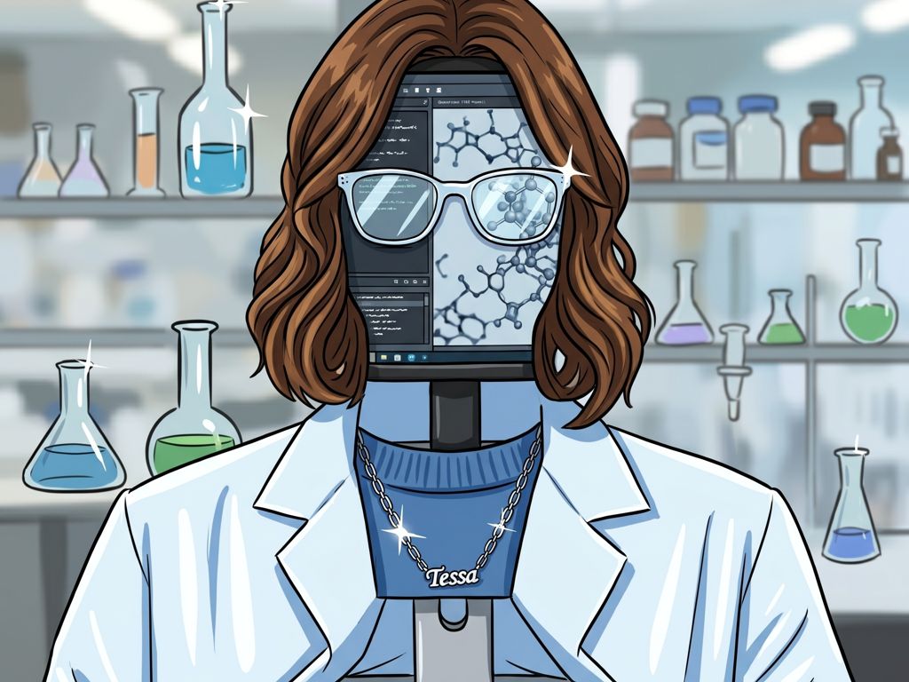 A computer monitor wearing a wig disguised as a woman in a lab coat
