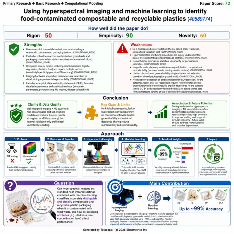 A Tessa graphical analysis showing the findings of the paper titled Using hyperspectral imaging and machine learning to identify food-contaminated compostable and recyclable plastics