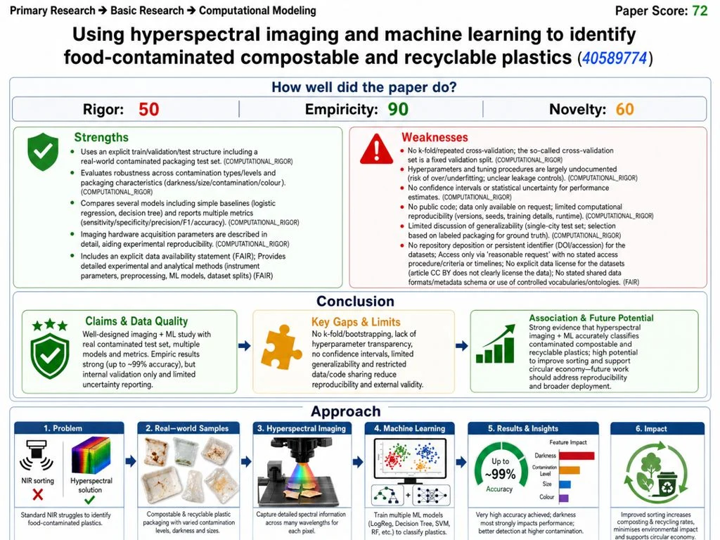 A Tessa graphical analysis showing the findings of the paper titled Using hyperspectral imaging and machine learning to identify food-contaminated compostable and recyclable plastics