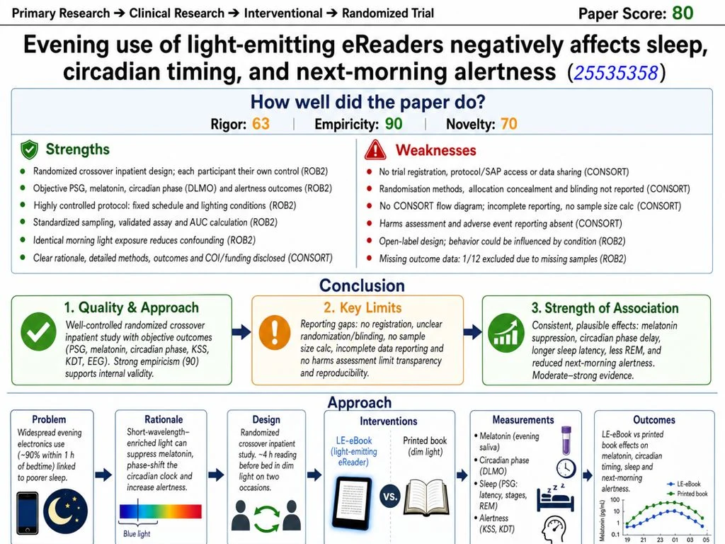 Tessa's graphical analysis of the study: Evening use of light-emitting eReaders negatively affects sleep, circadian timing, and next-morning alertness