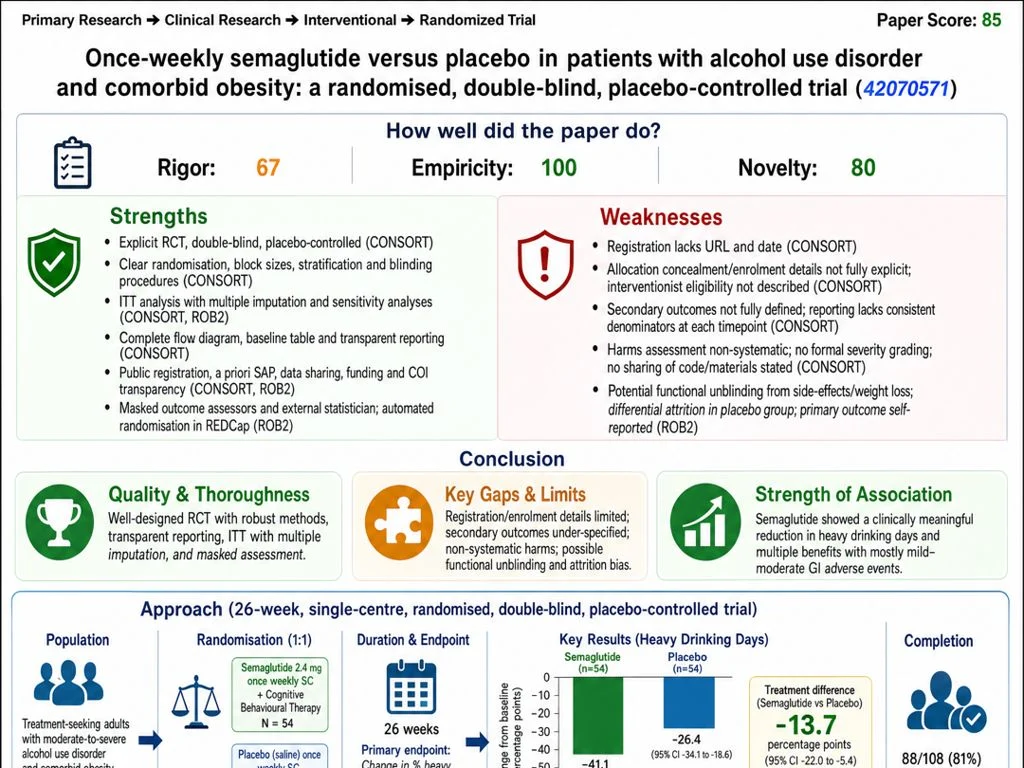 Tessa results for "Once-weekly semaglutide versus placebo in patients with alcohol use disorder and comorbid obesity: a randomised, double-blind, placebo-controlled trial"