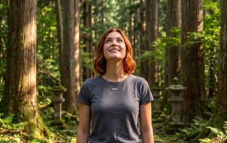 A red-haired woman standing in a forest looking up at the trees