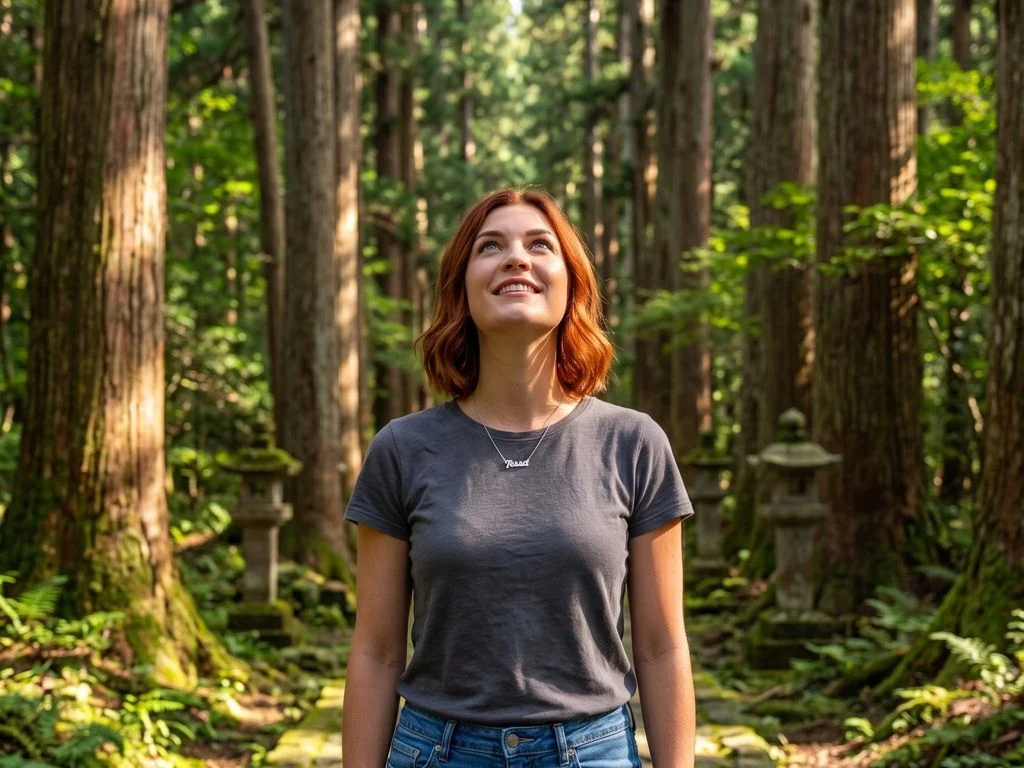 A red-haired woman standing in a forest looking up at the trees