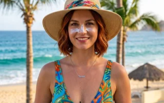 A woman with fair skin in a bathing suit wearing a large hat and sunscreen on her nose smiling at the camera