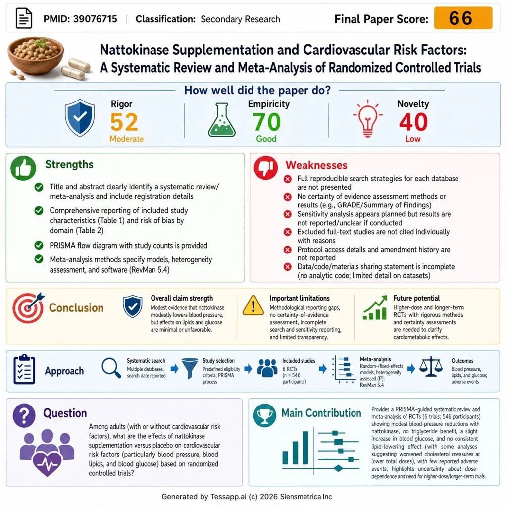 A graphical illustration of Tessa's findings on the paper: "Nattokinase Supplementation and Cardiovascular Risk Factors: A Systematic Review and Meta-Analysis of Randomized Controlled Trials."
