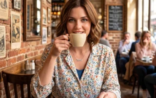 A woman seated at a table in a bistro holding a cup of coffee