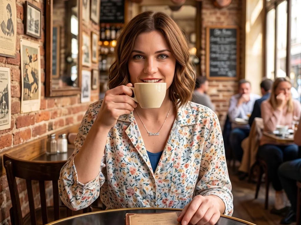 A woman seated at a table in a bistro holding a cup of coffee