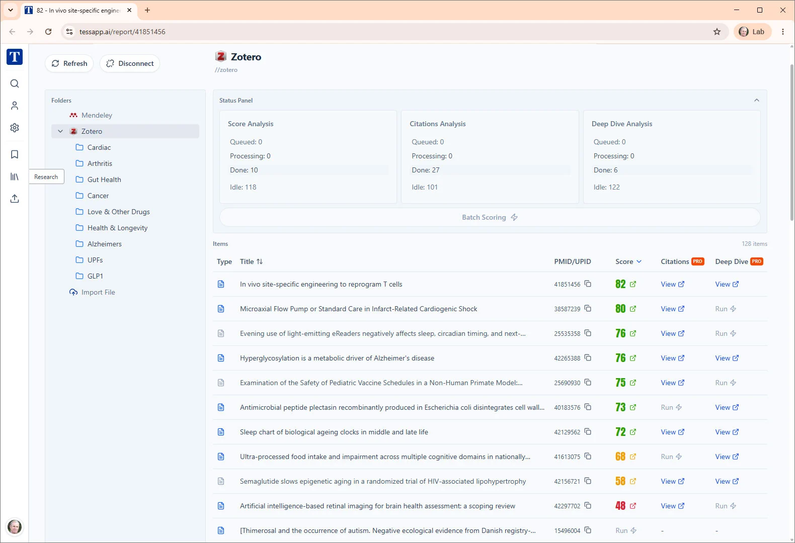 Tessa works with Zotero Tessa will pull and score research from your Zotero software