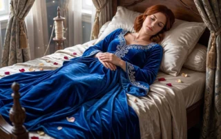 A woman sleeping on a bed in a Sleeping Beauty costume