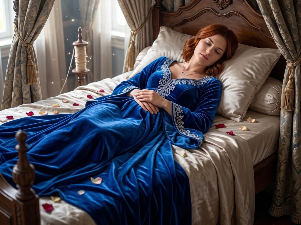 A woman sleeping on a bed in a Sleeping Beauty costume